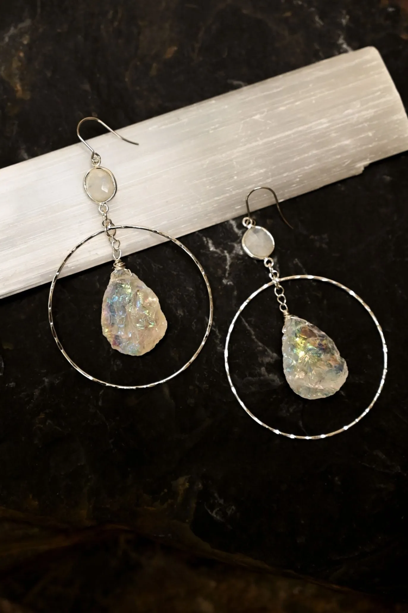 Higher Power Moonstone & Angel Aura Quartz Silver Hoops