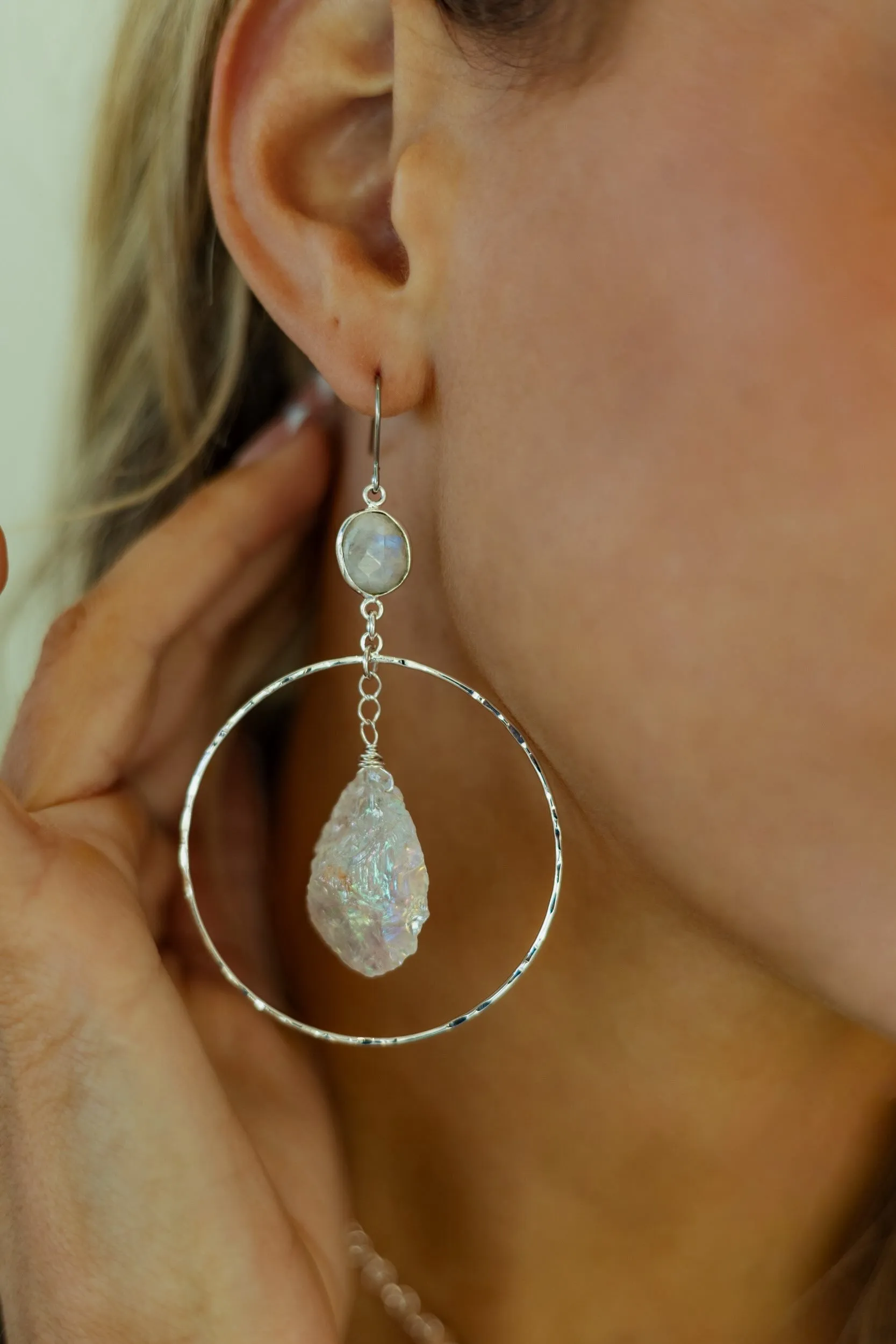 Higher Power Moonstone & Angel Aura Quartz Silver Hoops