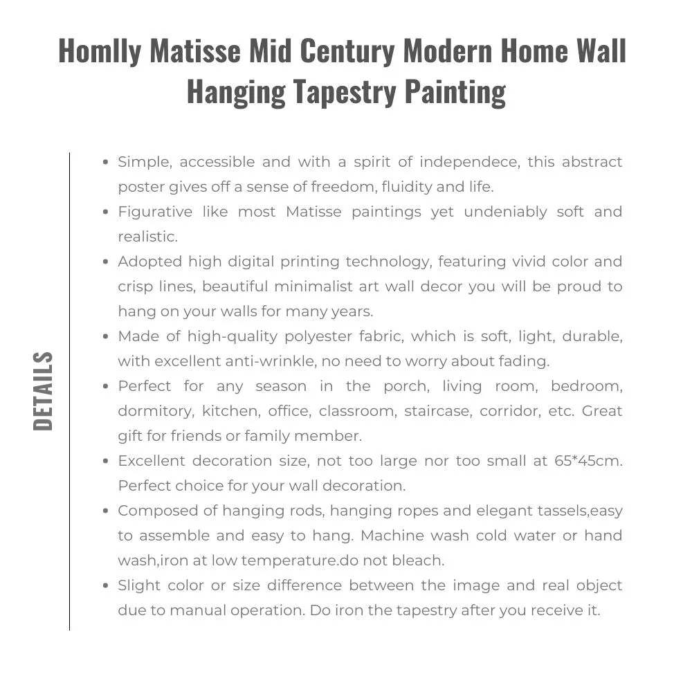 Homlly Matisse Mid Century Modern Home Wall Hanging Tapestry Painting