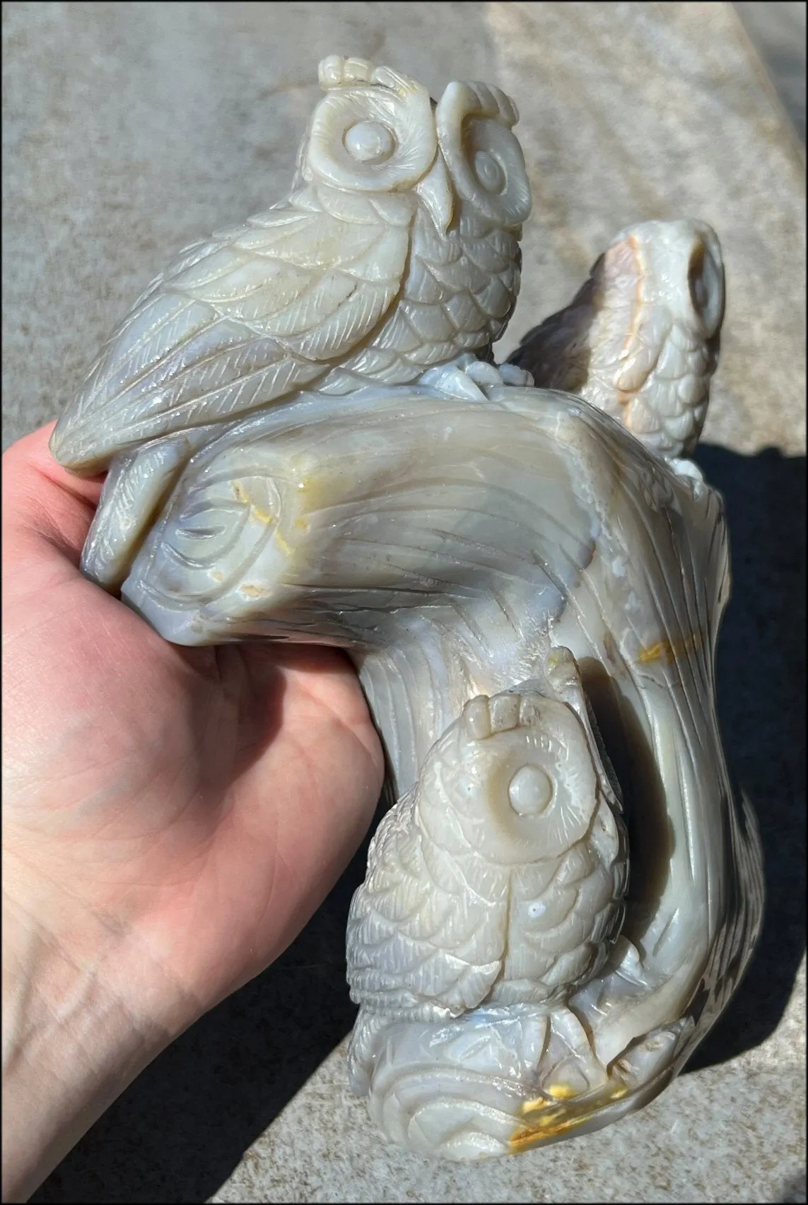 HUGE 7lbs  Dendritic Agate OWL Family Carving with Moss Agate inclusions