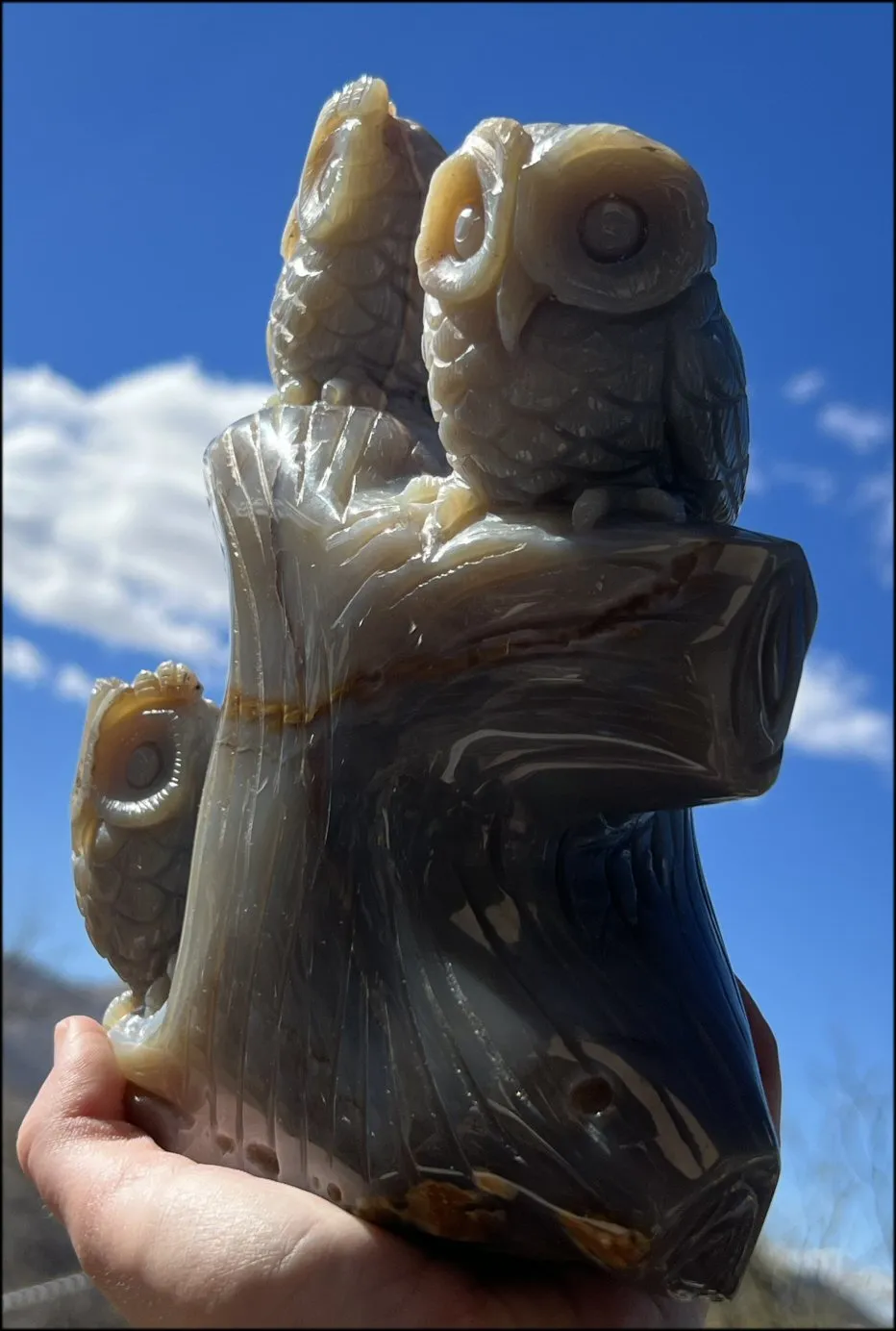 HUGE 7lbs  Dendritic Agate OWL Family Carving with Moss Agate inclusions