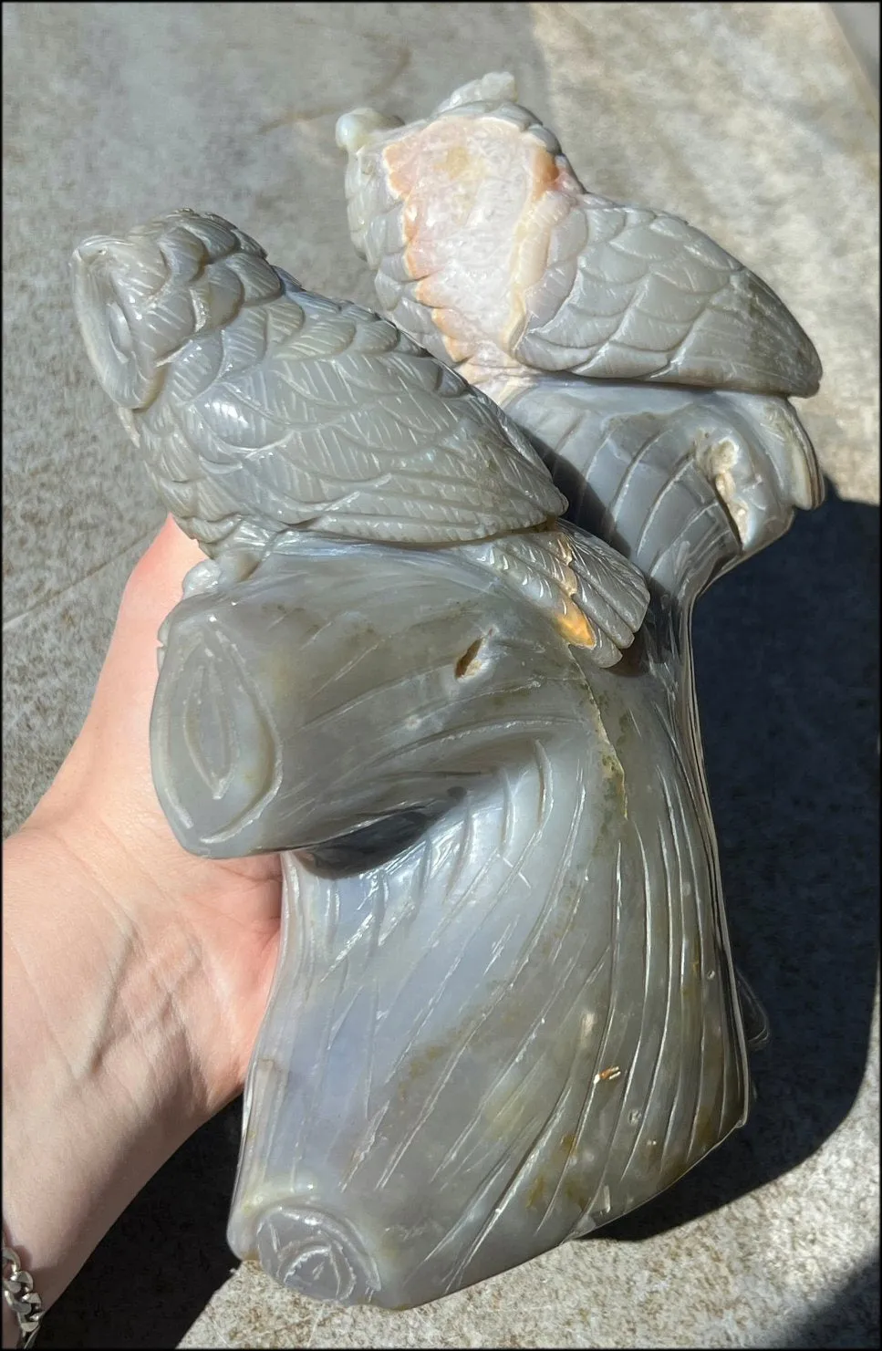 HUGE 7lbs  Dendritic Agate OWL Family Carving with Moss Agate inclusions