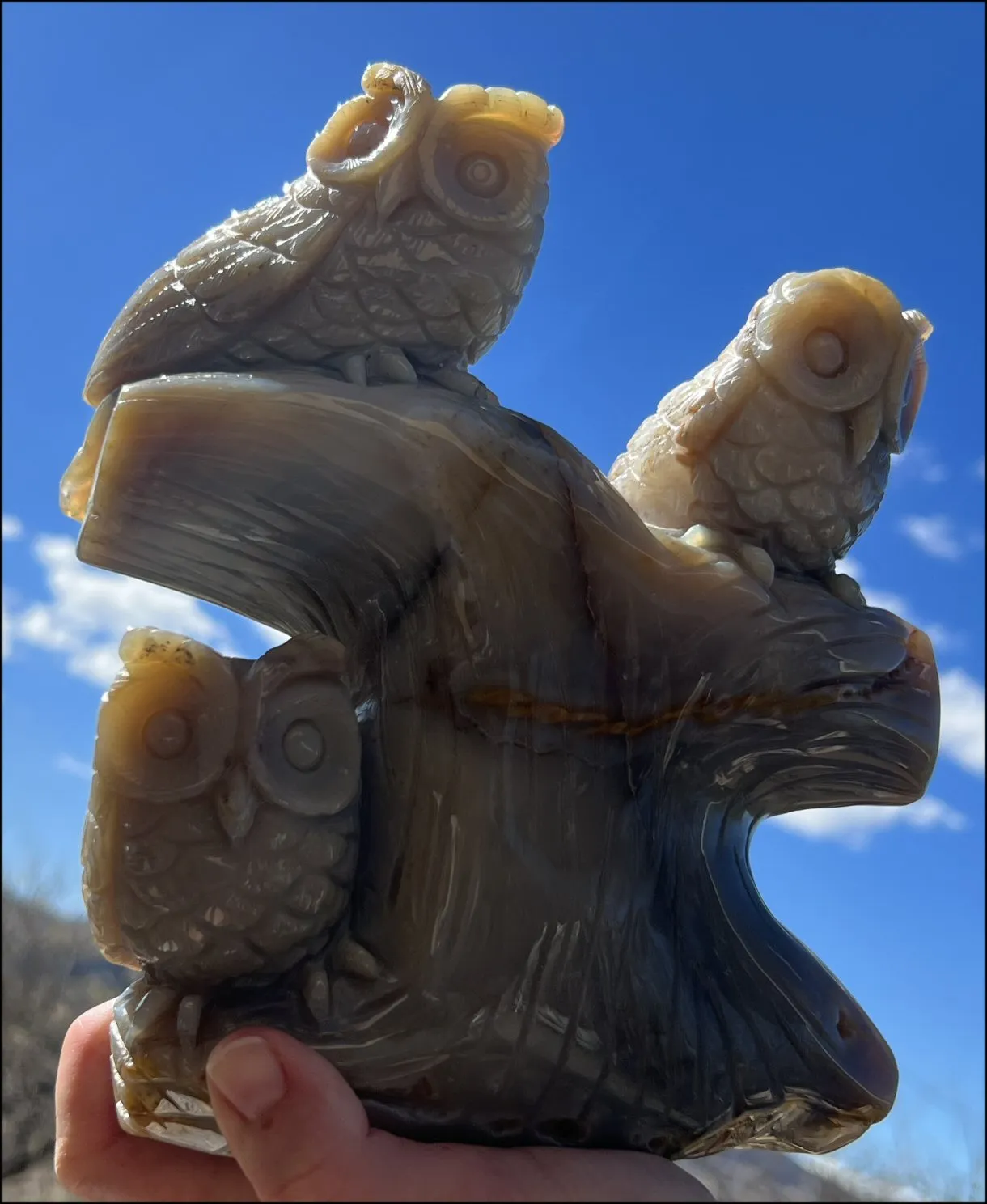 HUGE 7lbs  Dendritic Agate OWL Family Carving with Moss Agate inclusions