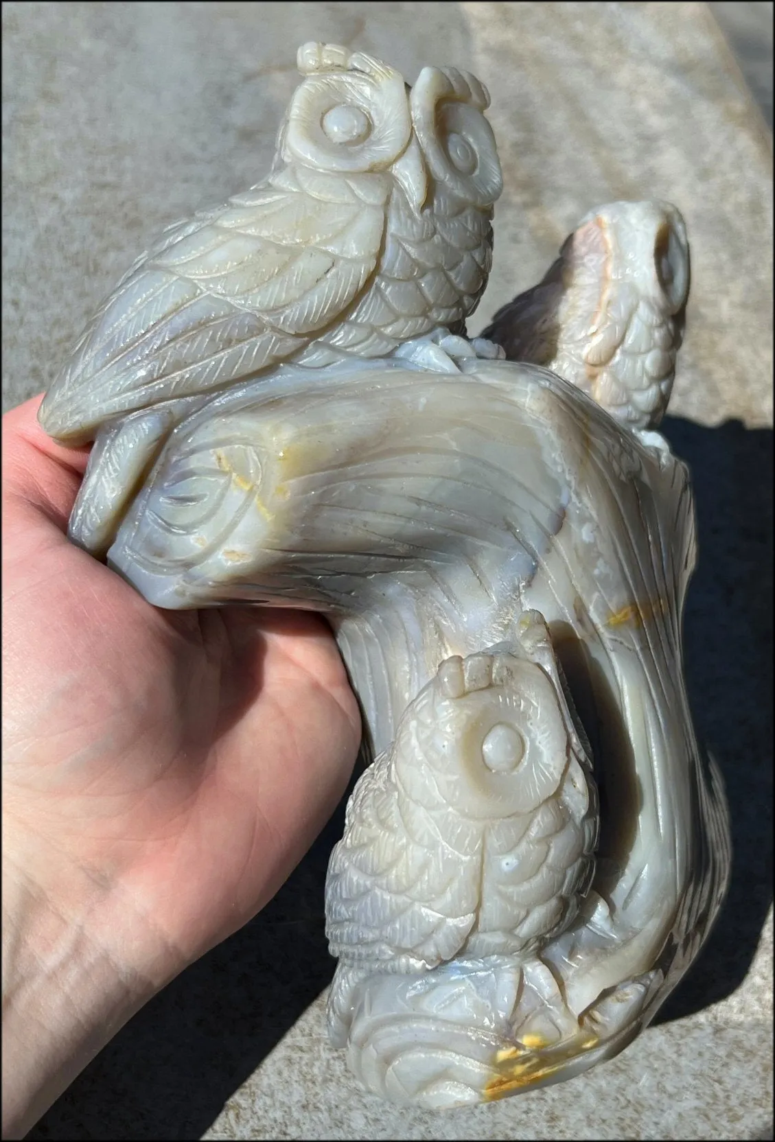 HUGE 7lbs  Dendritic Agate OWL Family Carving with Moss Agate inclusions