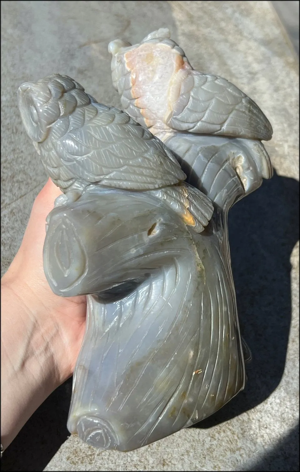 HUGE 7lbs  Dendritic Agate OWL Family Carving with Moss Agate inclusions