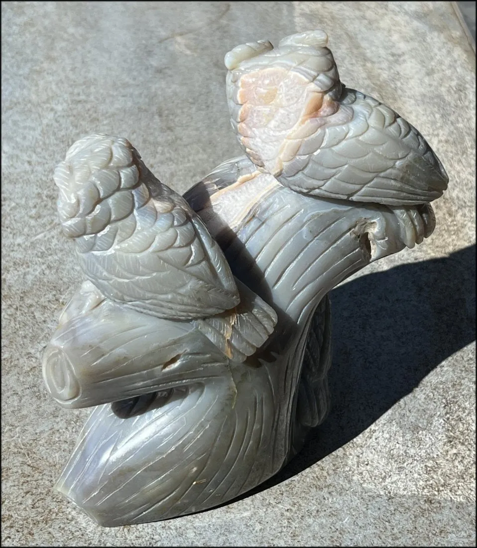 HUGE 7lbs  Dendritic Agate OWL Family Carving with Moss Agate inclusions