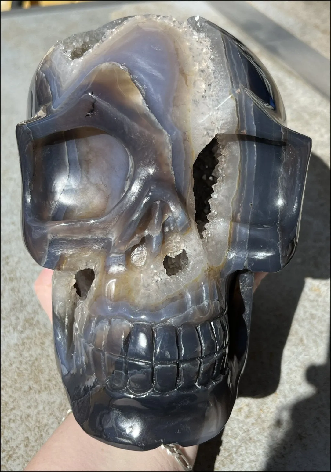 HUGE Agate Geode Crystal Skull with Fantastic Druzy crystals, Dendritic inclusions - 14lbs 8 3/4