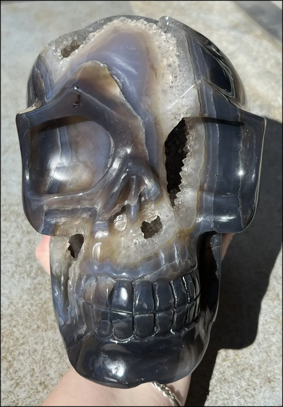 HUGE Agate Geode Crystal Skull with Fantastic Druzy crystals, Dendritic inclusions - 14lbs 8 3/4