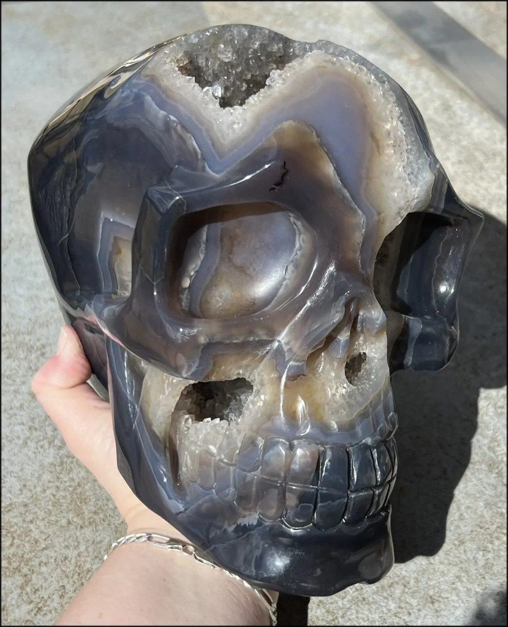 HUGE Agate Geode Crystal Skull with Fantastic Druzy crystals, Dendritic inclusions - 14lbs 8 3/4