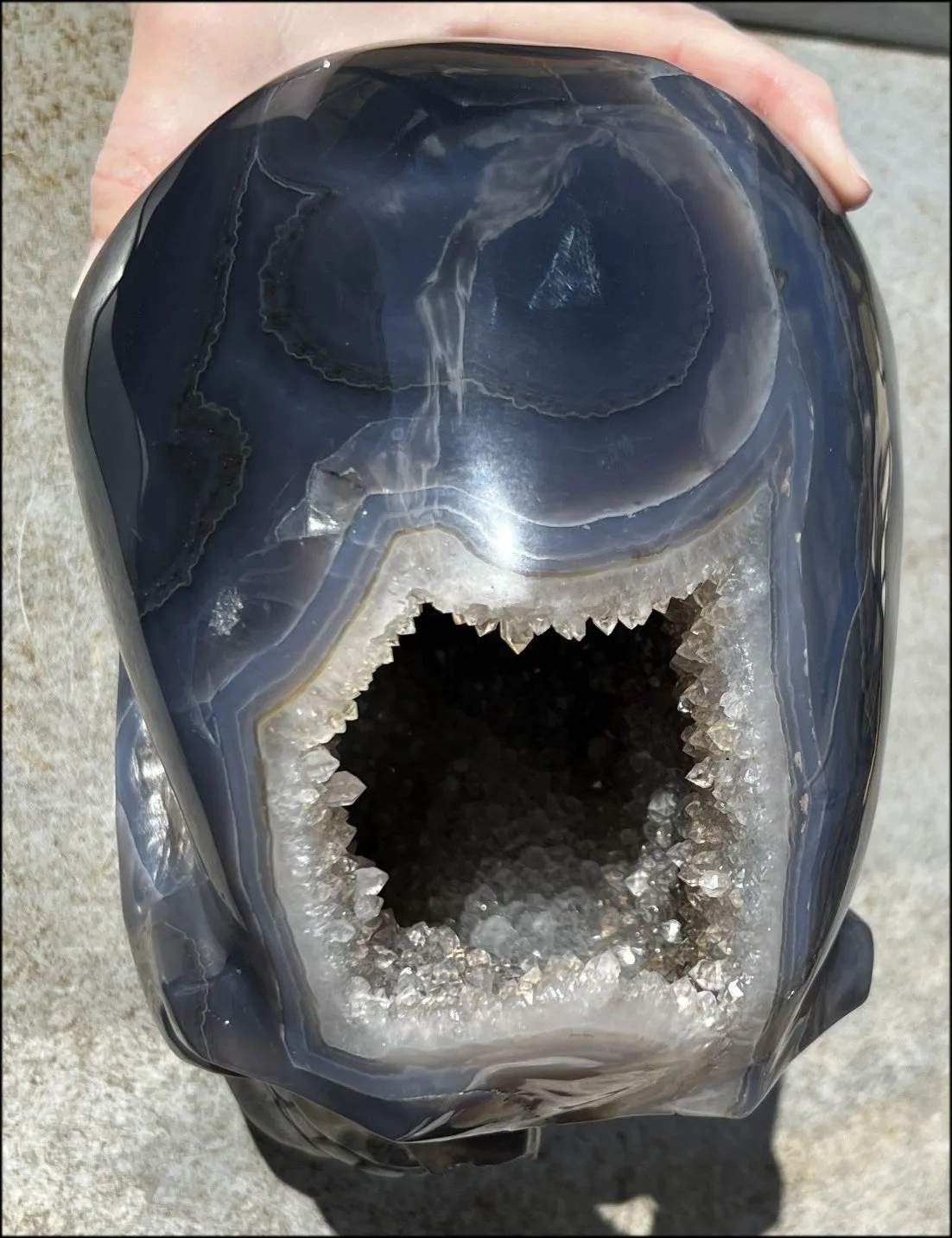 HUGE Agate Geode Crystal Skull with Fantastic Druzy crystals, Dendritic inclusions - 14lbs 8 3/4