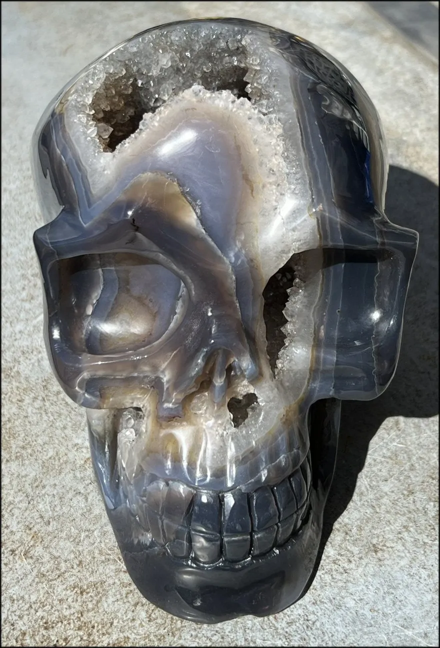 HUGE Agate Geode Crystal Skull with Fantastic Druzy crystals, Dendritic inclusions - 14lbs 8 3/4