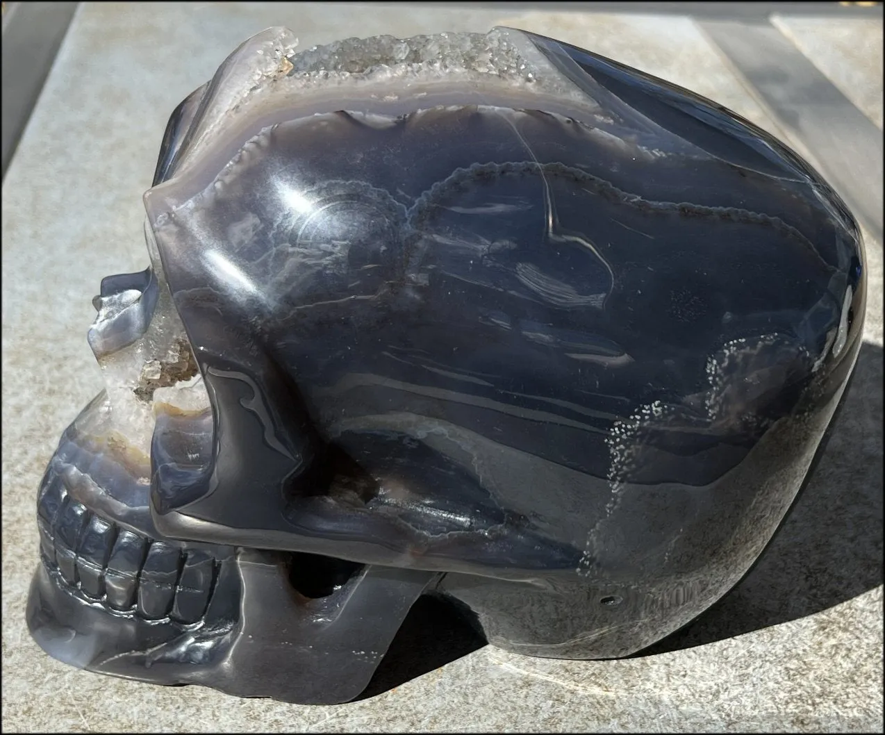 HUGE Agate Geode Crystal Skull with Fantastic Druzy crystals, Dendritic inclusions - 14lbs 8 3/4
