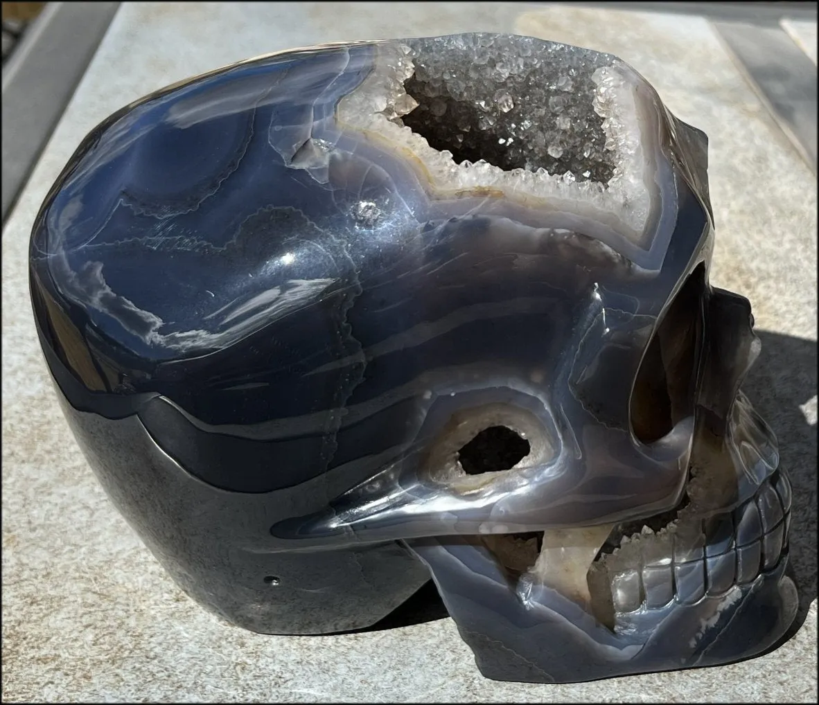 HUGE Agate Geode Crystal Skull with Fantastic Druzy crystals, Dendritic inclusions - 14lbs 8 3/4