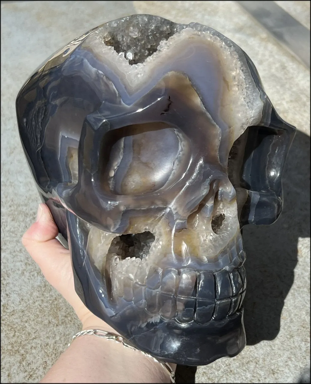 HUGE Agate Geode Crystal Skull with Fantastic Druzy crystals, Dendritic inclusions - 14lbs 8 3/4