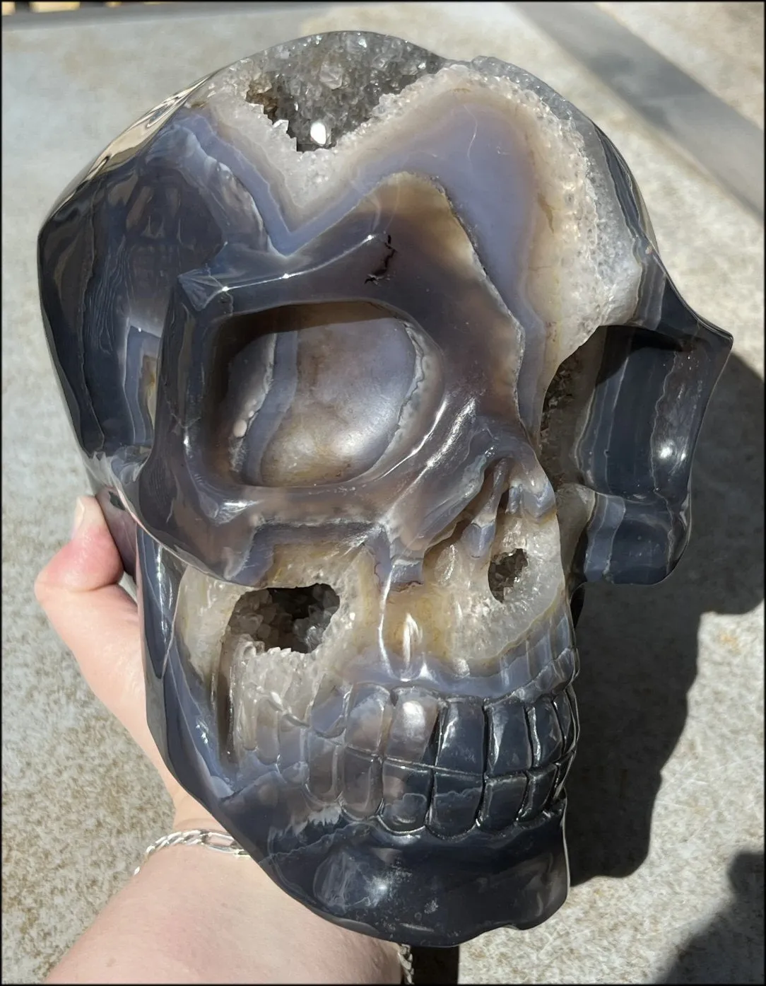 HUGE Agate Geode Crystal Skull with Fantastic Druzy crystals, Dendritic inclusions - 14lbs 8 3/4