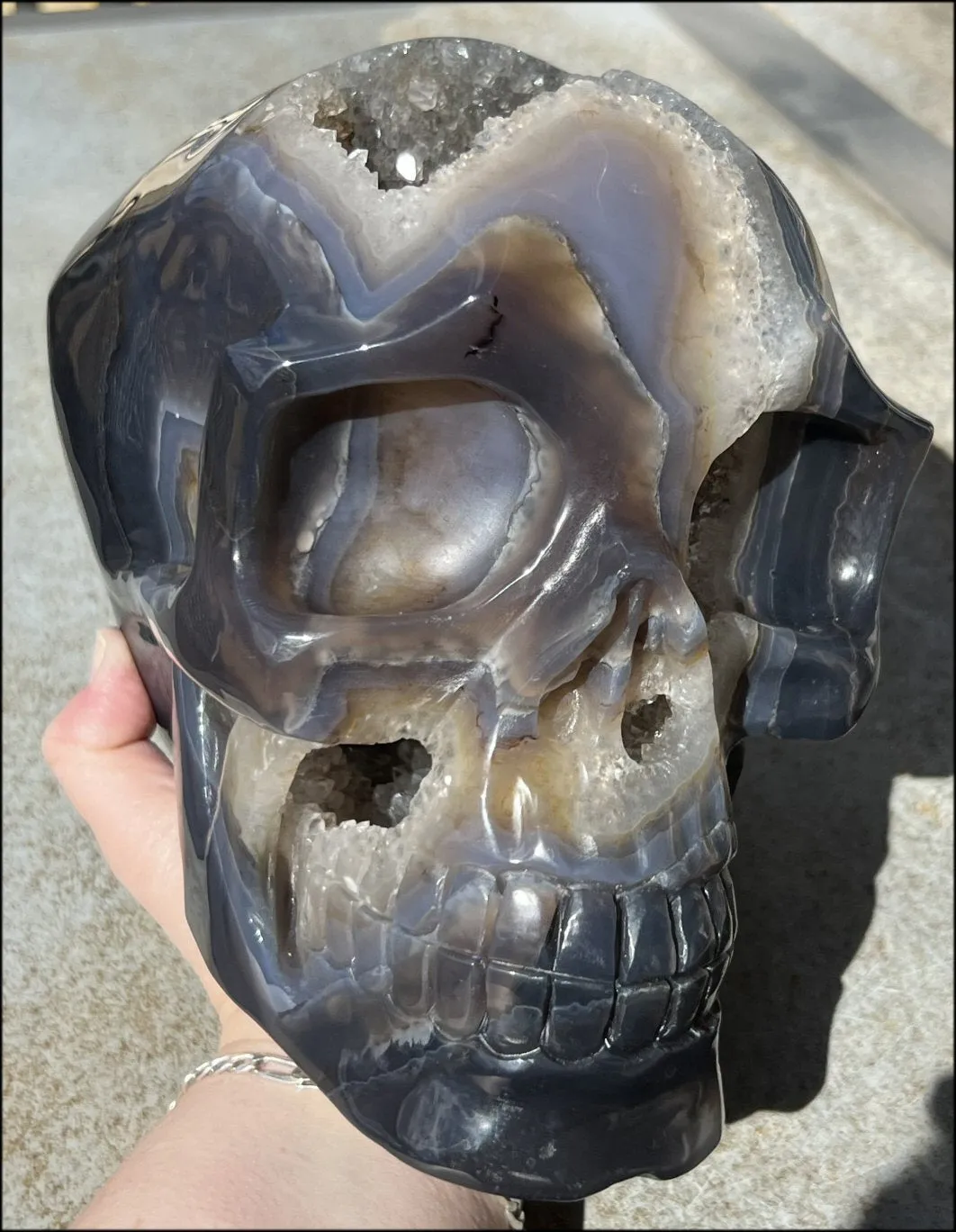 HUGE Agate Geode Crystal Skull with Fantastic Druzy crystals, Dendritic inclusions - 14lbs 8 3/4