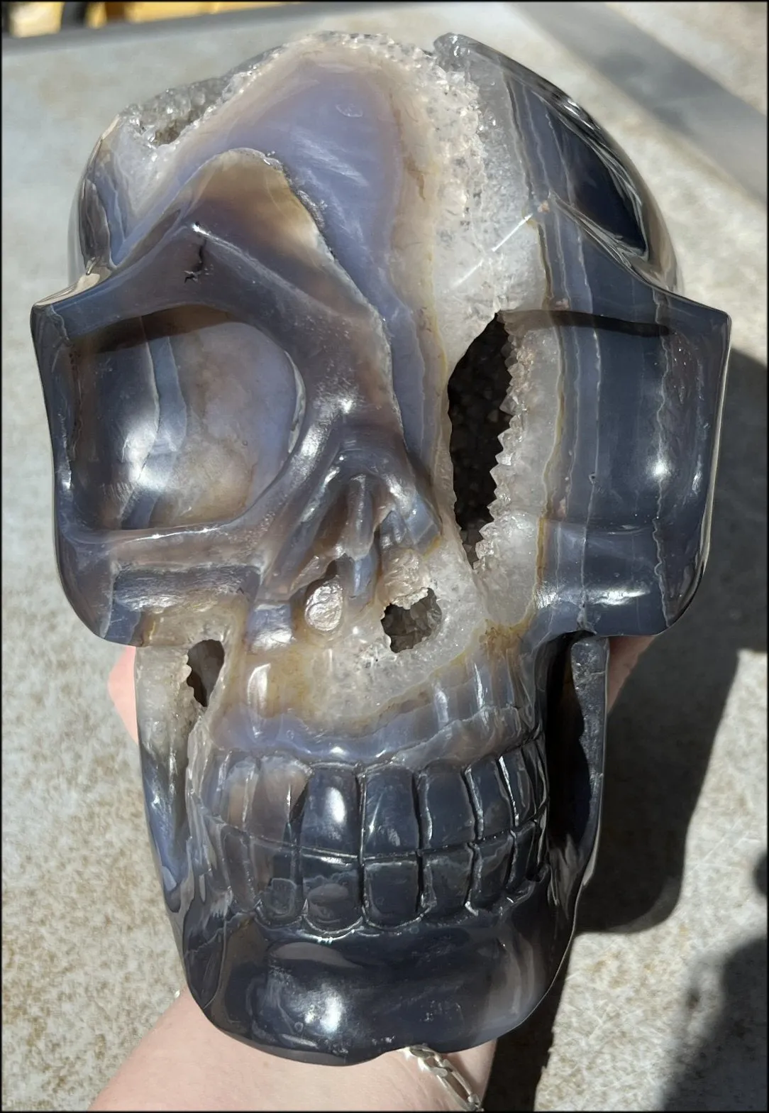 HUGE Agate Geode Crystal Skull with Fantastic Druzy crystals, Dendritic inclusions - 14lbs 8 3/4