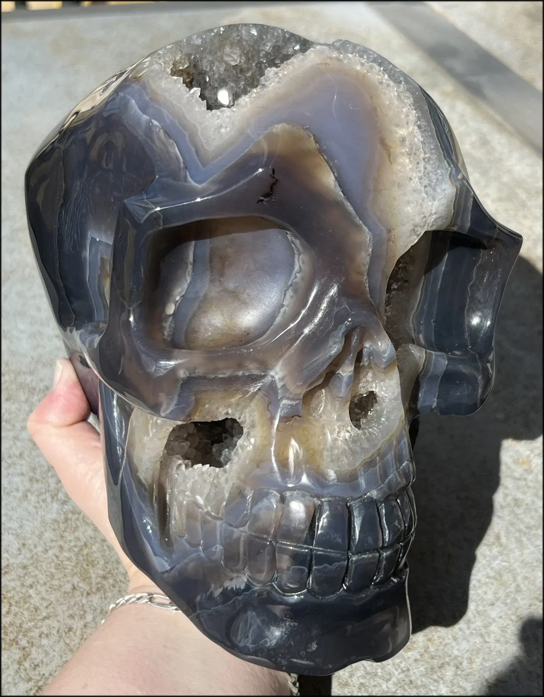HUGE Agate Geode Crystal Skull with Fantastic Druzy crystals, Dendritic inclusions - 14lbs 8 3/4