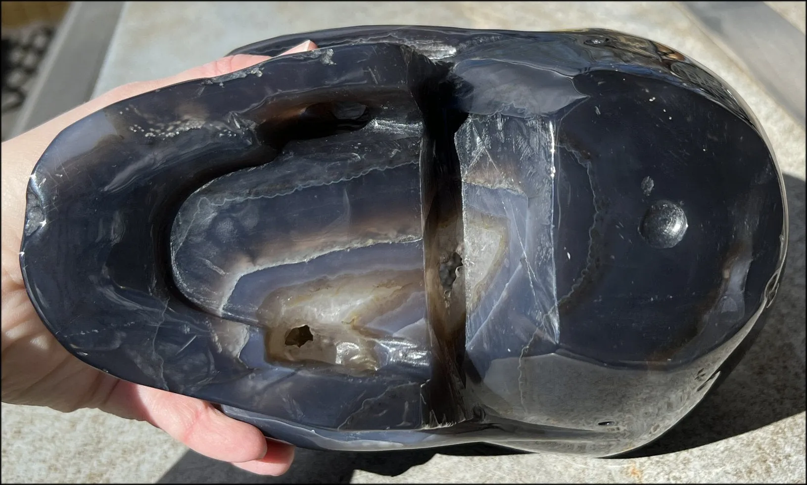 HUGE Agate Geode Crystal Skull with Fantastic Druzy crystals, Dendritic inclusions - 14lbs 8 3/4