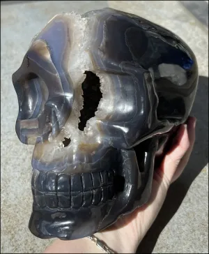 HUGE Agate Geode Crystal Skull with Fantastic Druzy crystals, Dendritic inclusions - 14lbs 8 3/4
