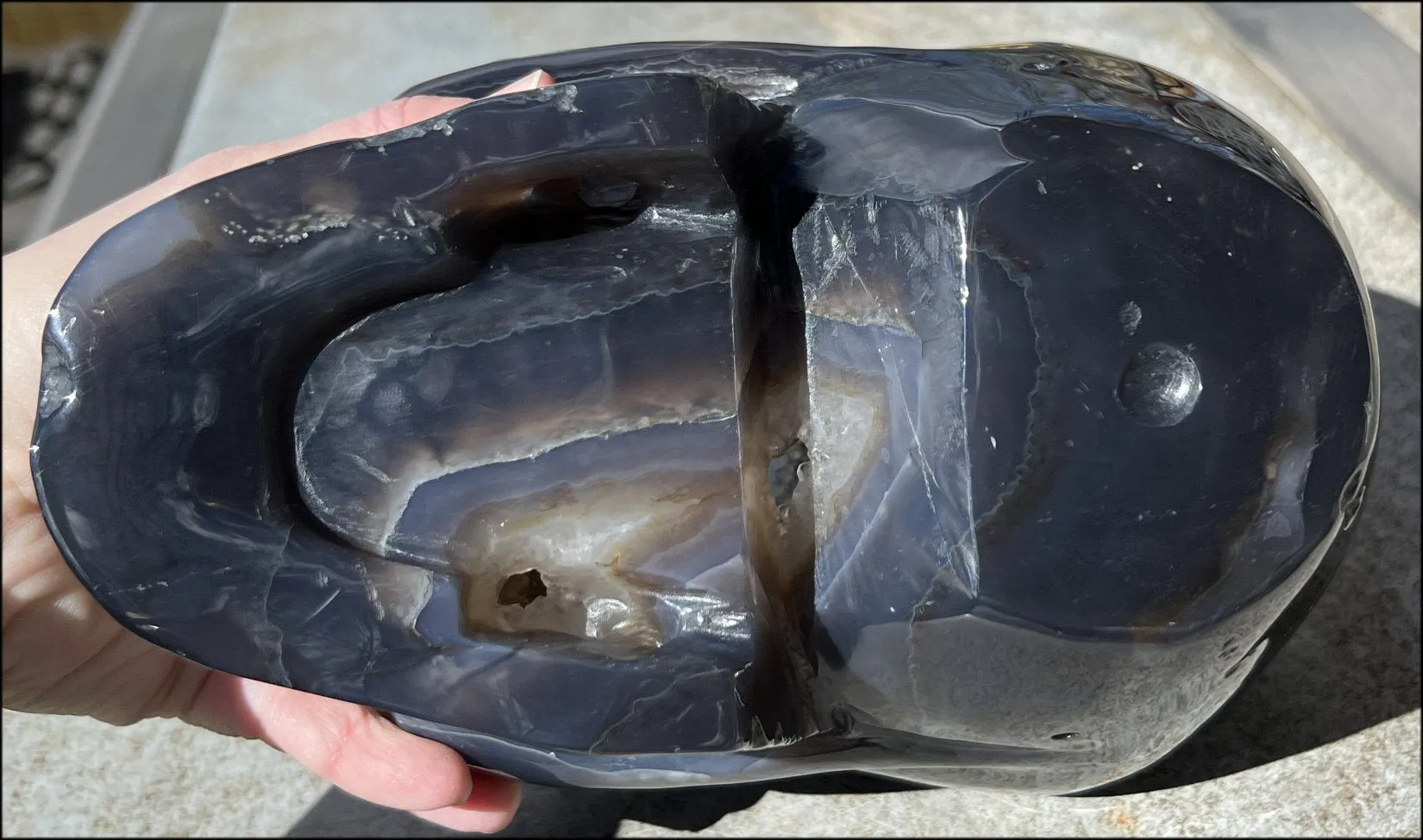 HUGE Agate Geode Crystal Skull with Fantastic Druzy crystals, Dendritic inclusions - 14lbs 8 3/4