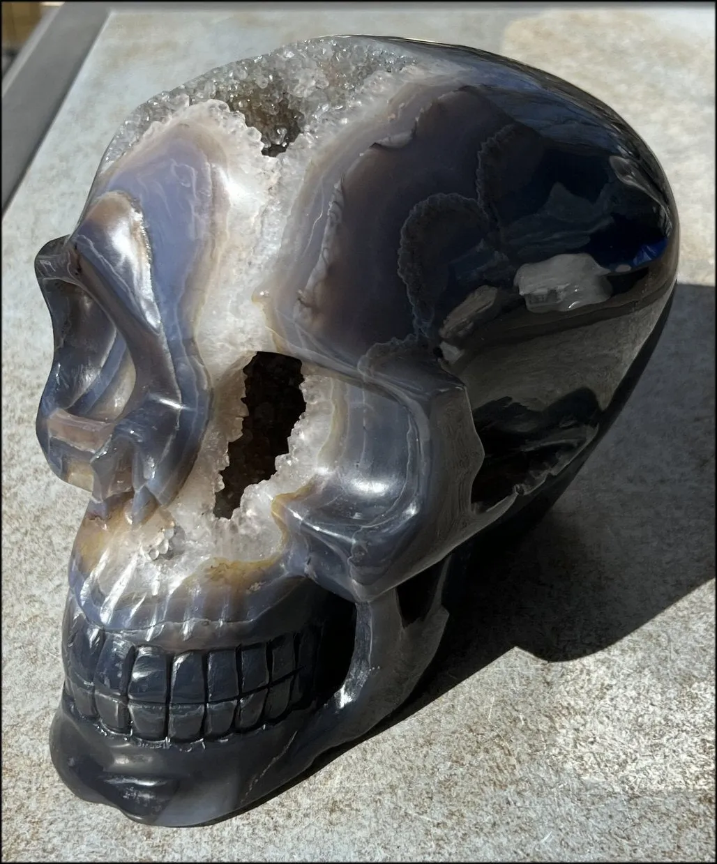 HUGE Agate Geode Crystal Skull with Fantastic Druzy crystals, Dendritic inclusions - 14lbs 8 3/4