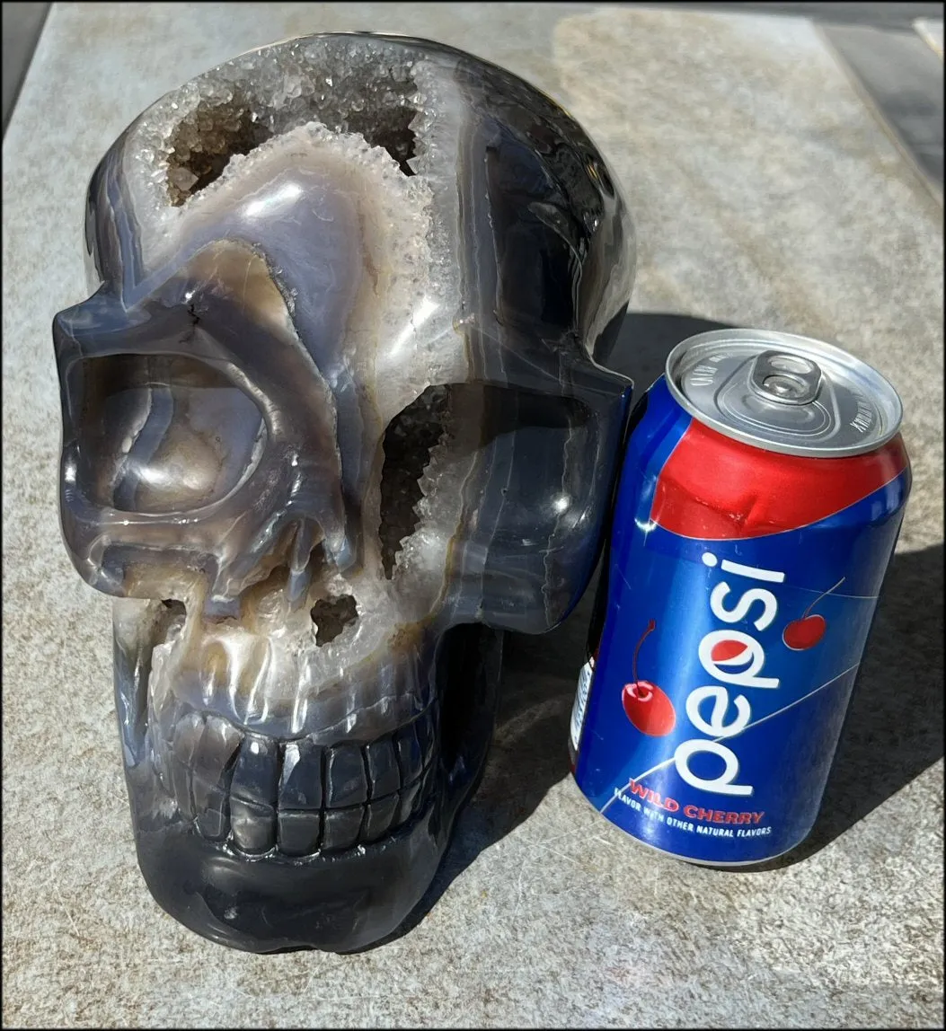 HUGE Agate Geode Crystal Skull with Fantastic Druzy crystals, Dendritic inclusions - 14lbs 8 3/4