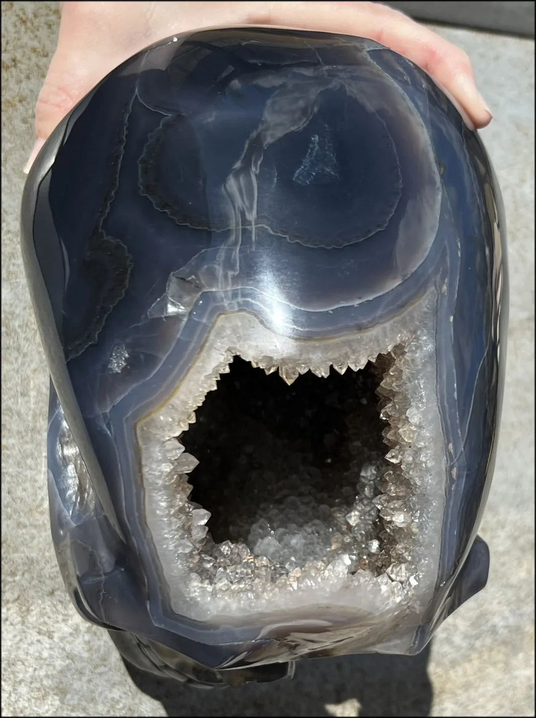 HUGE Agate Geode Crystal Skull with Fantastic Druzy crystals, Dendritic inclusions - 14lbs 8 3/4