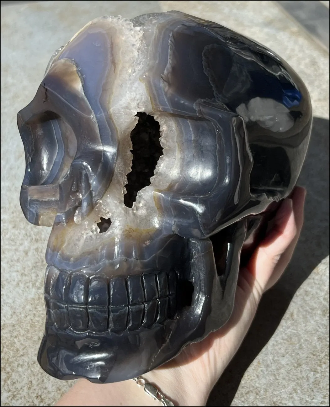 HUGE Agate Geode Crystal Skull with Fantastic Druzy crystals, Dendritic inclusions - 14lbs 8 3/4
