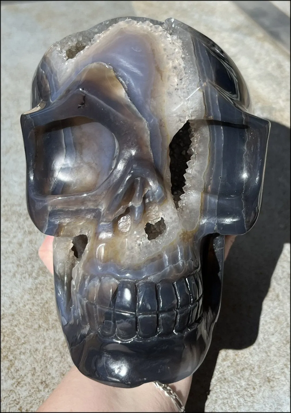 HUGE Agate Geode Crystal Skull with Fantastic Druzy crystals, Dendritic inclusions - 14lbs 8 3/4