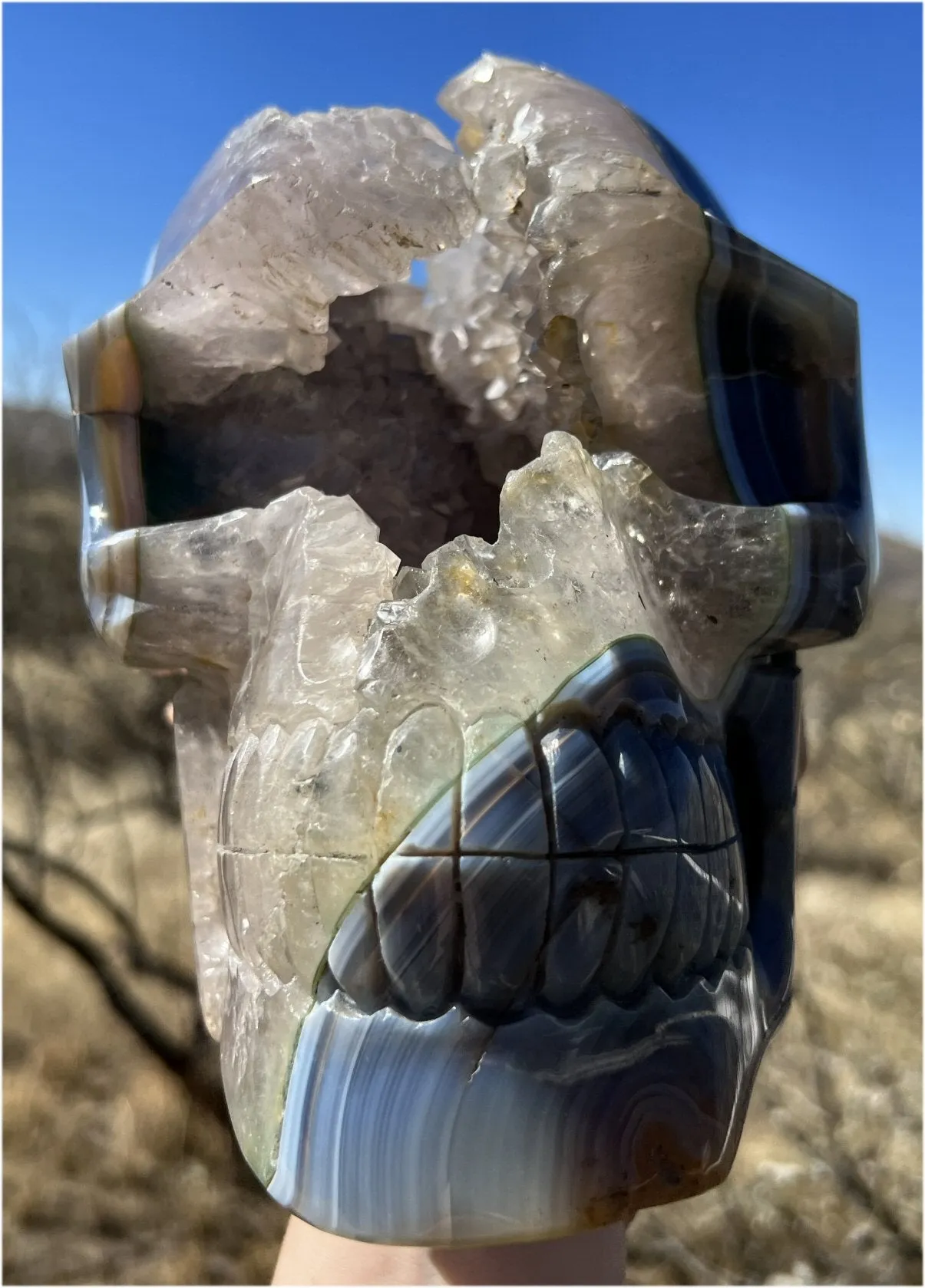 Huge AMETHYST GEODE Crystal Skull with Chlorite, Hematite, Dendritic inclusions, AMAZING Vugs - 20lbs 