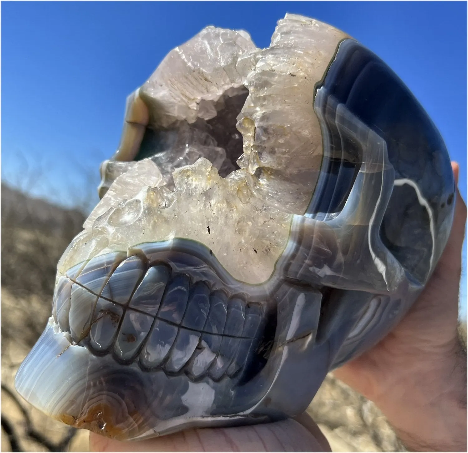 Huge AMETHYST GEODE Crystal Skull with Chlorite, Hematite, Dendritic inclusions, AMAZING Vugs - 20lbs 