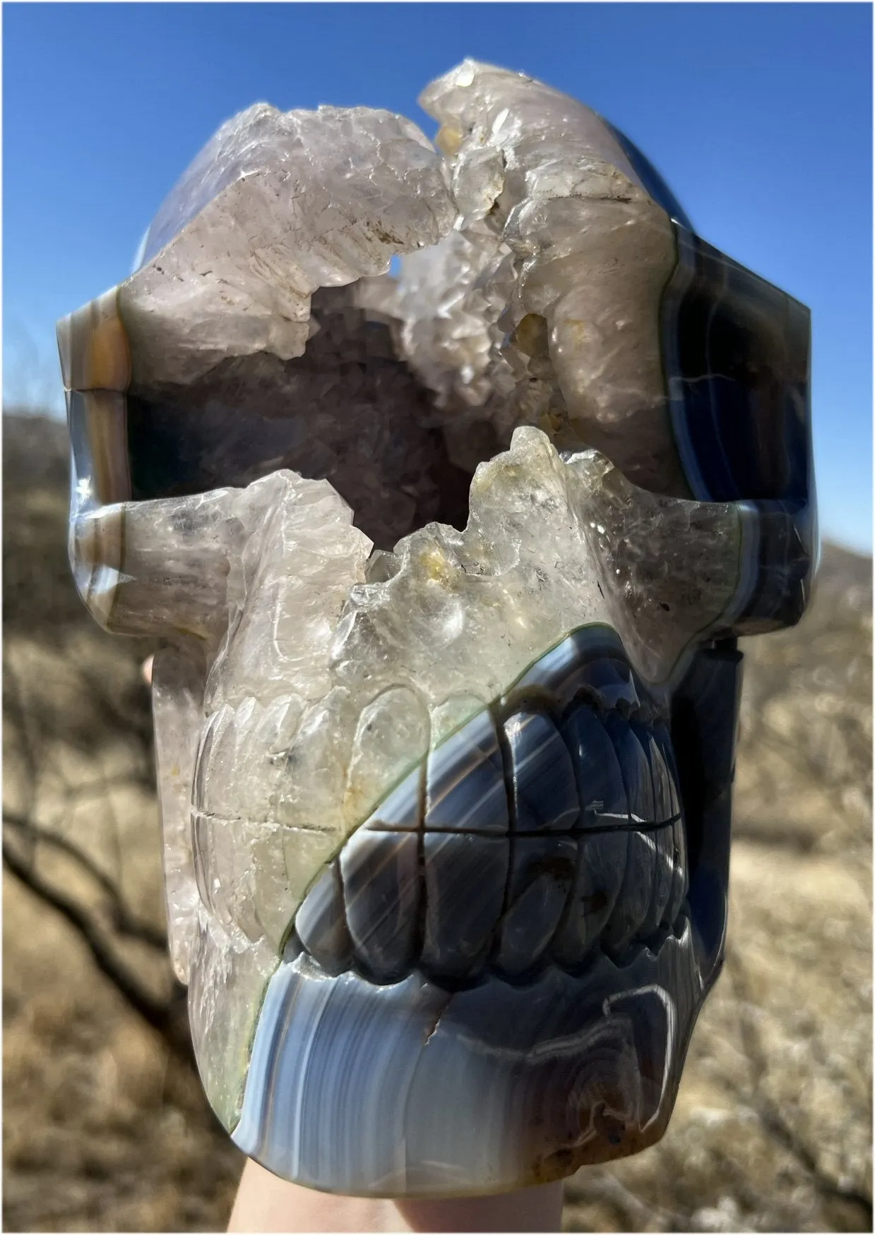 Huge AMETHYST GEODE Crystal Skull with Chlorite, Hematite, Dendritic inclusions, AMAZING Vugs - 20lbs 