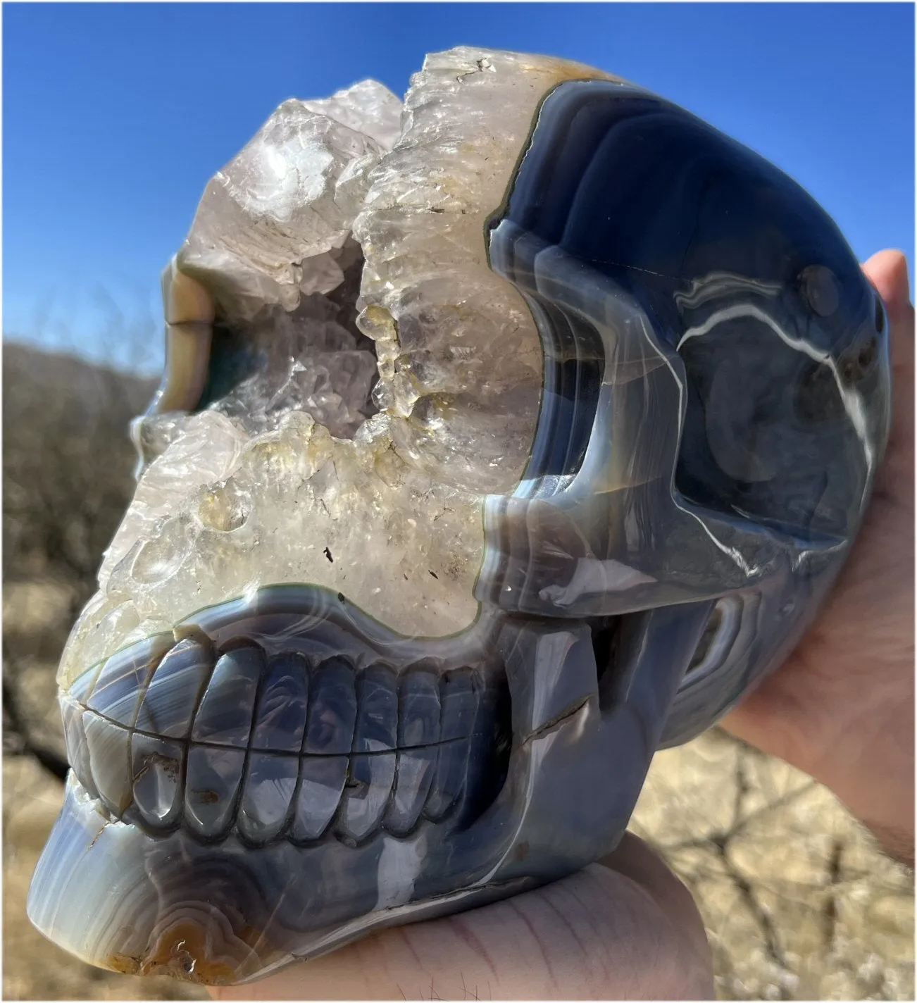 Huge AMETHYST GEODE Crystal Skull with Chlorite, Hematite, Dendritic inclusions, AMAZING Vugs - 20lbs 