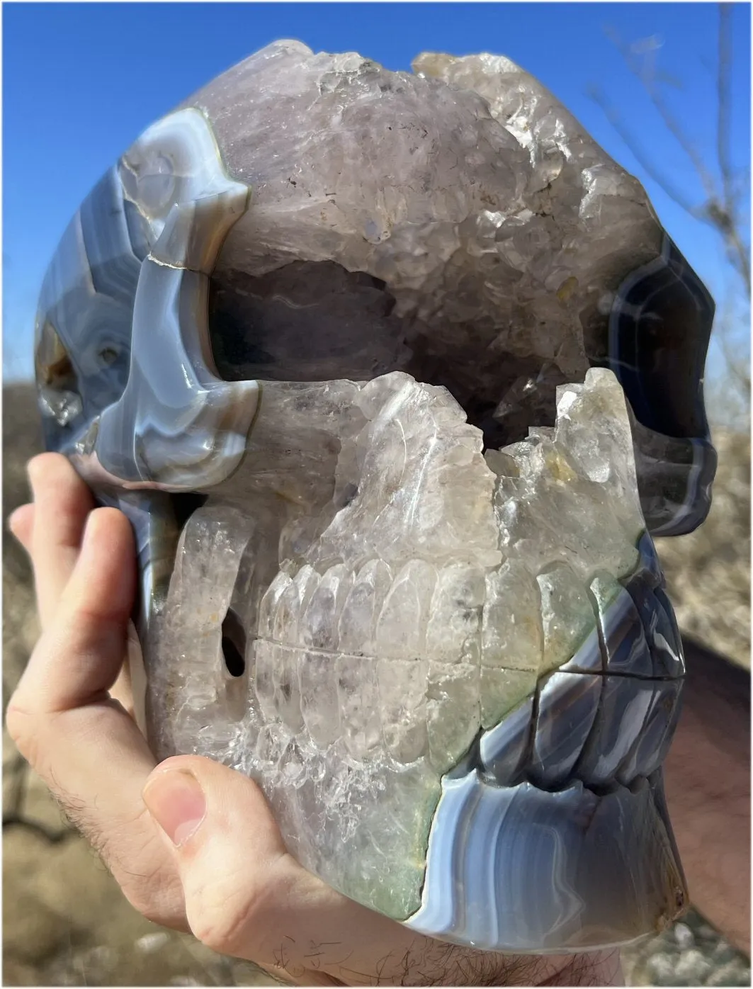 Huge AMETHYST GEODE Crystal Skull with Chlorite, Hematite, Dendritic inclusions, AMAZING Vugs - 20lbs 