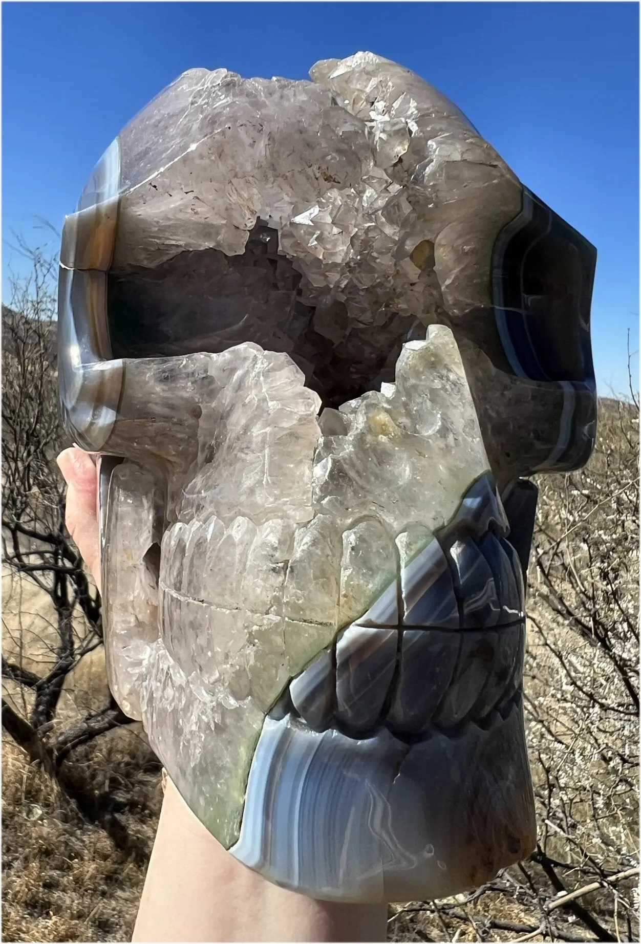 Huge AMETHYST GEODE Crystal Skull with Chlorite, Hematite, Dendritic inclusions, AMAZING Vugs - 20lbs 