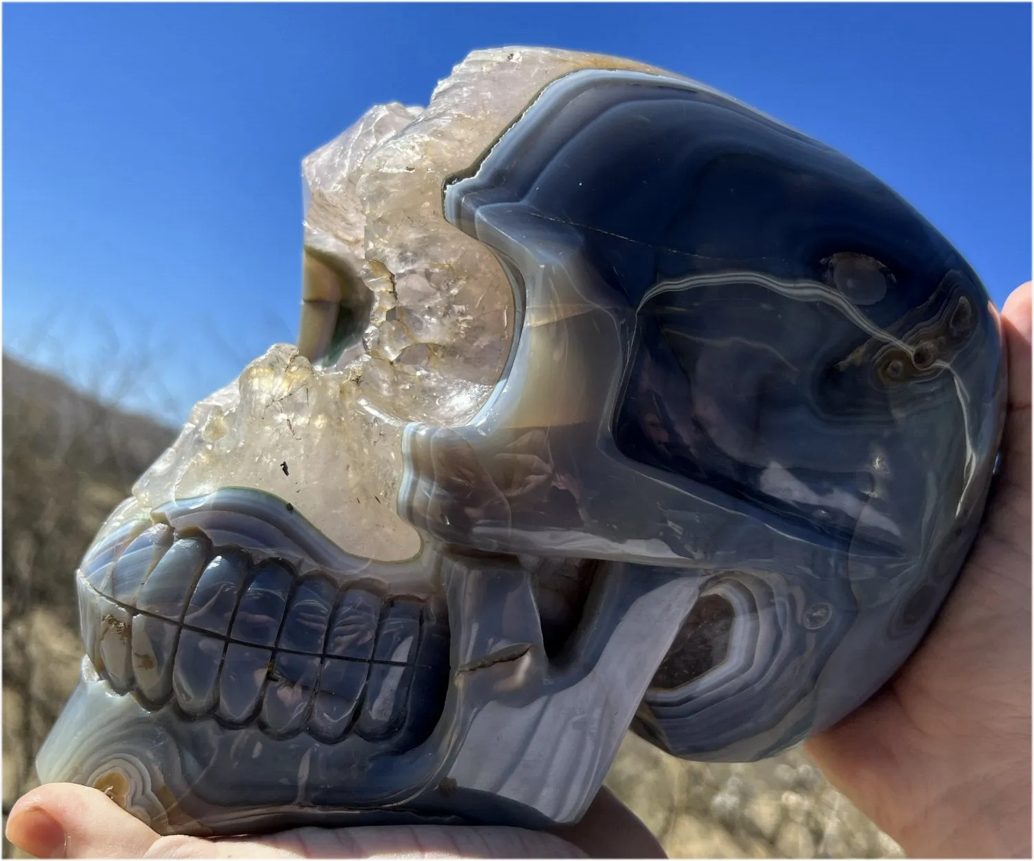 Huge AMETHYST GEODE Crystal Skull with Chlorite, Hematite, Dendritic inclusions, AMAZING Vugs - 20lbs 