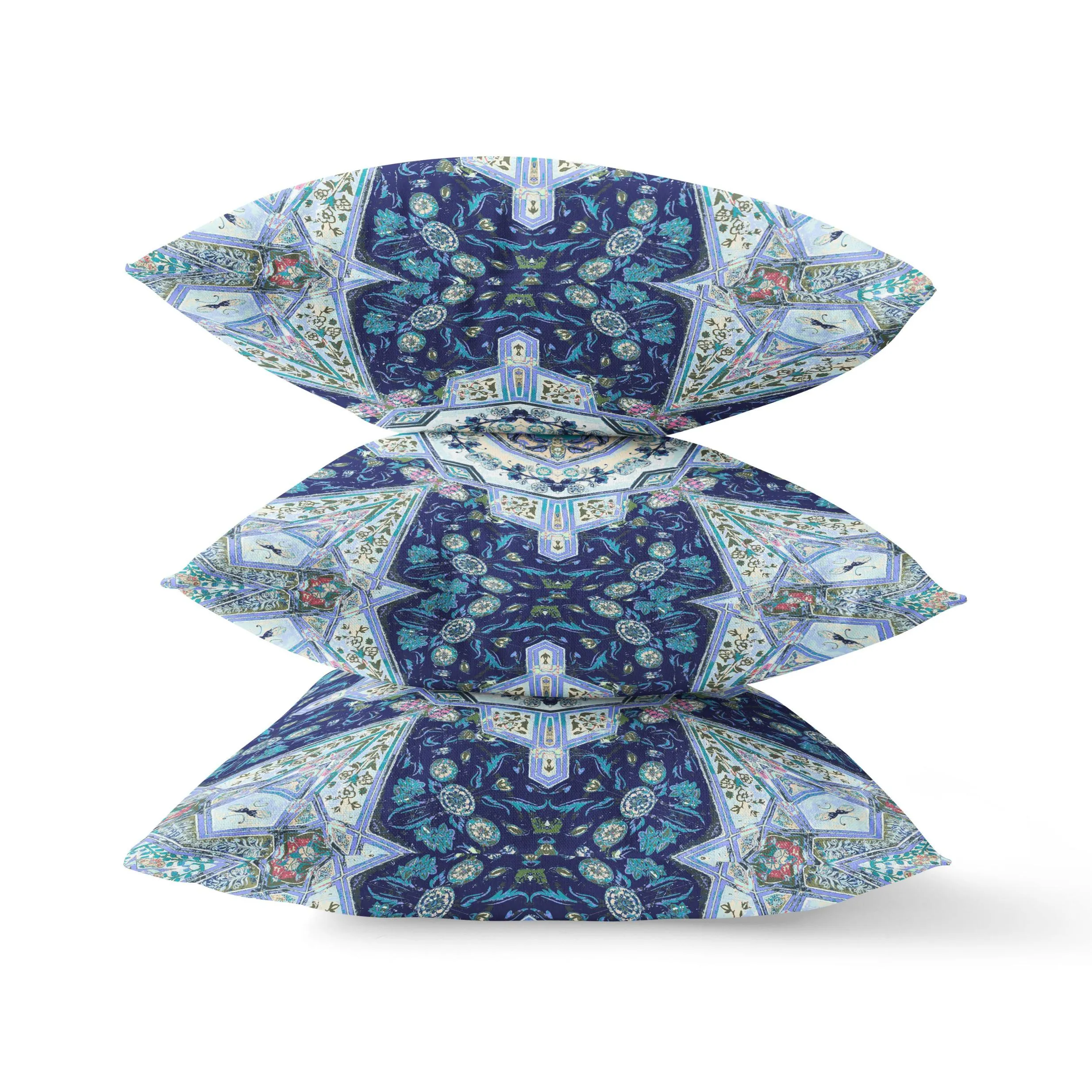 Indigo Blue Boho Floral Geo Suede Throw Pillow
