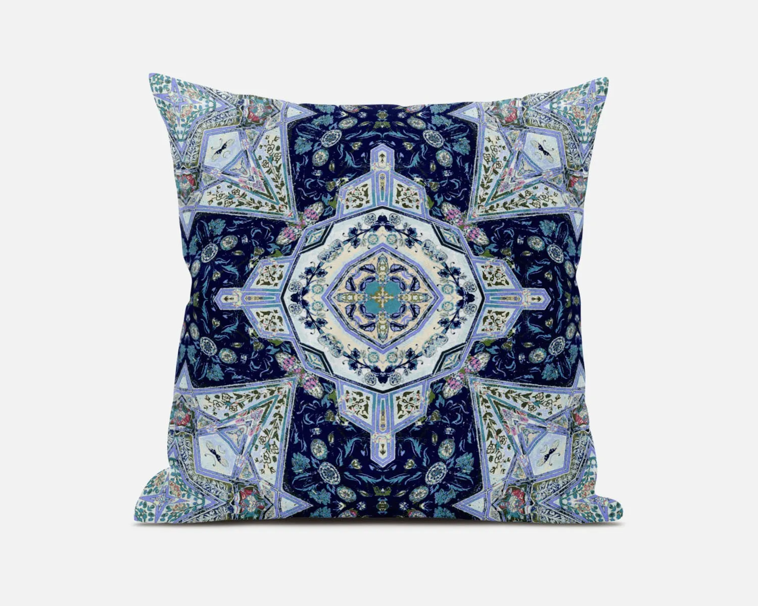 Indigo Blue Boho Floral Geo Suede Throw Pillow