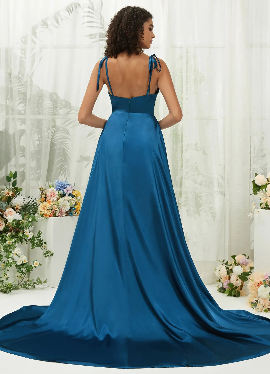 Ink Blue Satin Sweetheart Adjustable Straps Formal Gown With Pocket