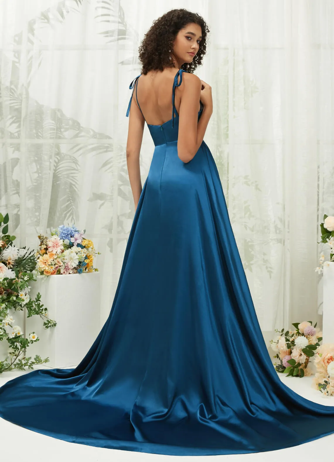 Ink Blue Satin Sweetheart Adjustable Straps Formal Gown With Pocket
