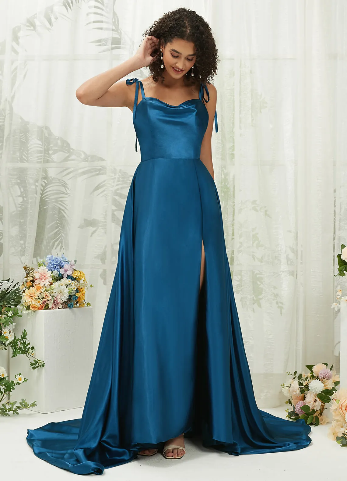 Ink Blue Satin Sweetheart Adjustable Straps Formal Gown With Pocket