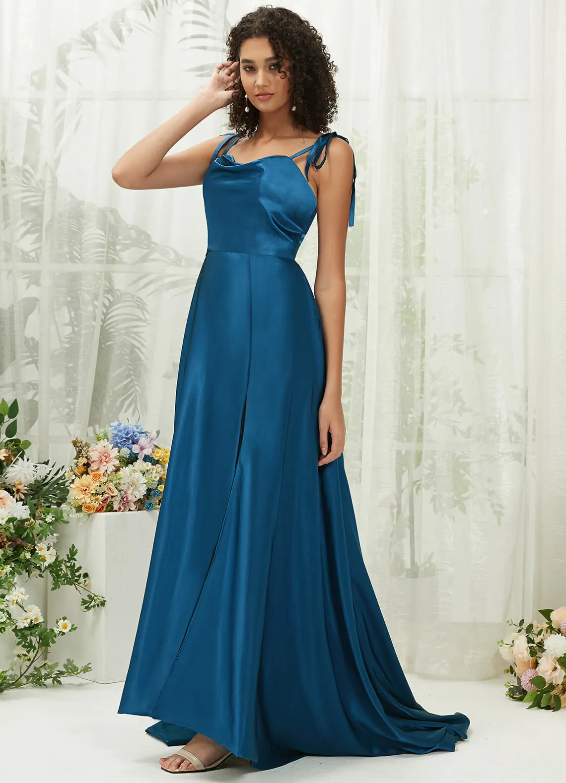 Ink Blue Satin Sweetheart Adjustable Straps Formal Gown With Pocket