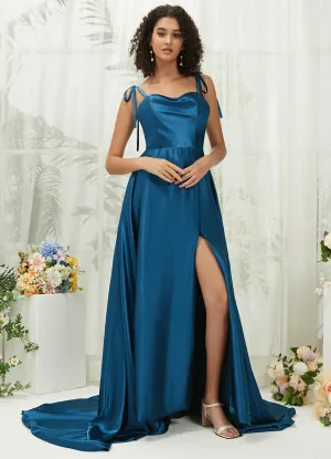 Ink Blue Satin Sweetheart Adjustable Straps Formal Gown With Pocket