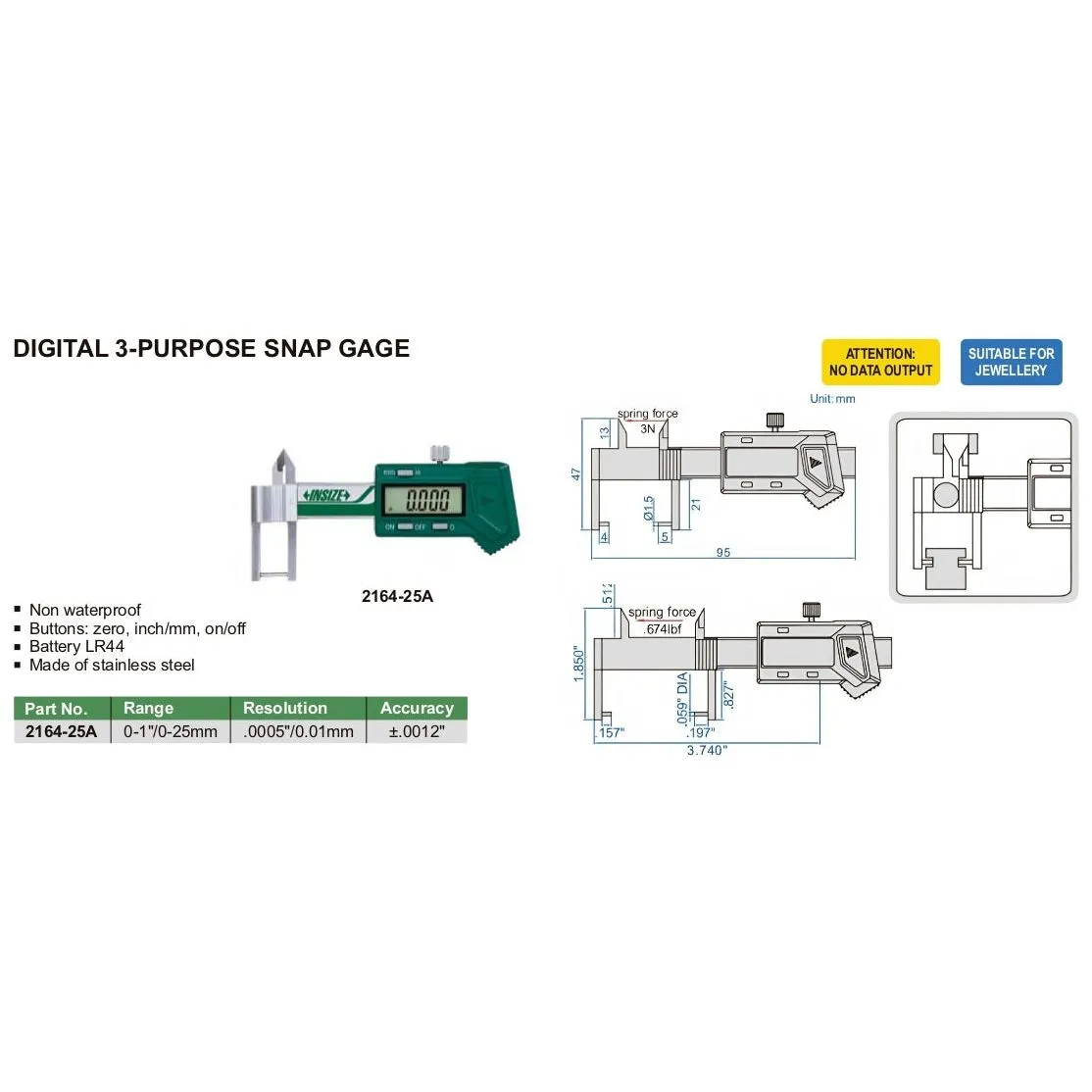 Insize Digital 3 Purpose Snap Gauge 0-25mm/0-1" Range Series 2164-25A