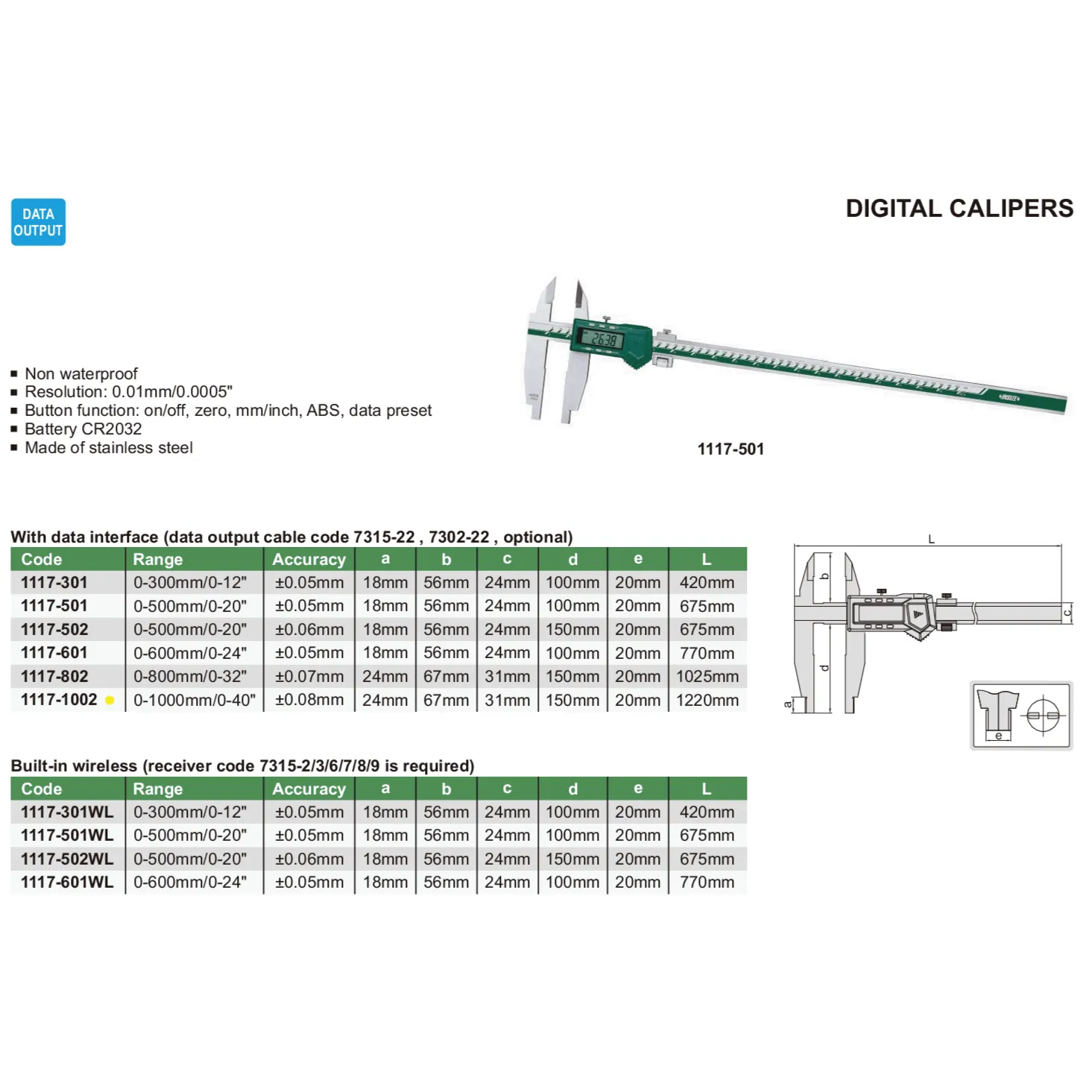 Insize Digital Caliper 0-1000mm / 0-40" Range Series 1117-1002