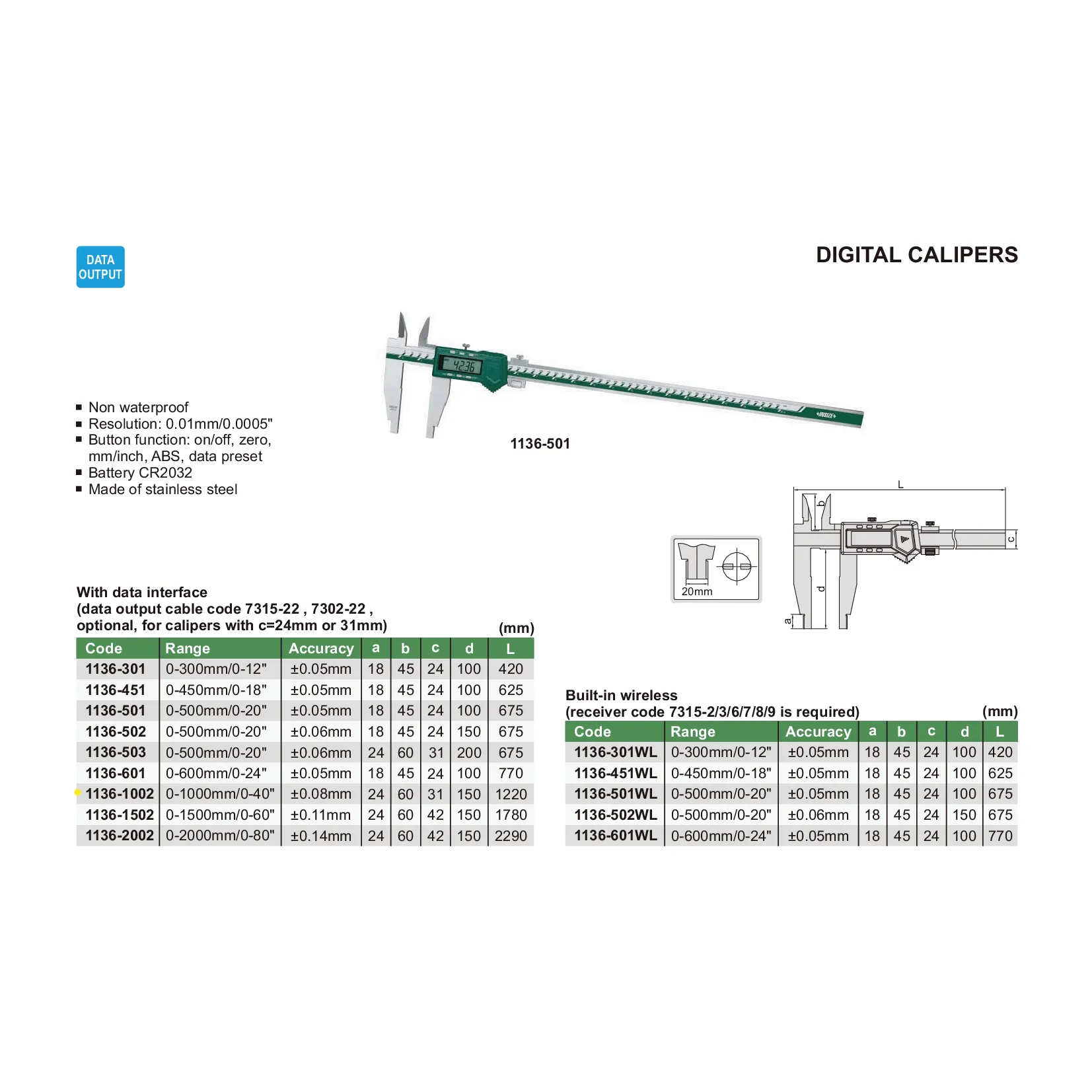 Insize Digital Caliper 0-1000mm / 0-40" Range Series 1136-1002