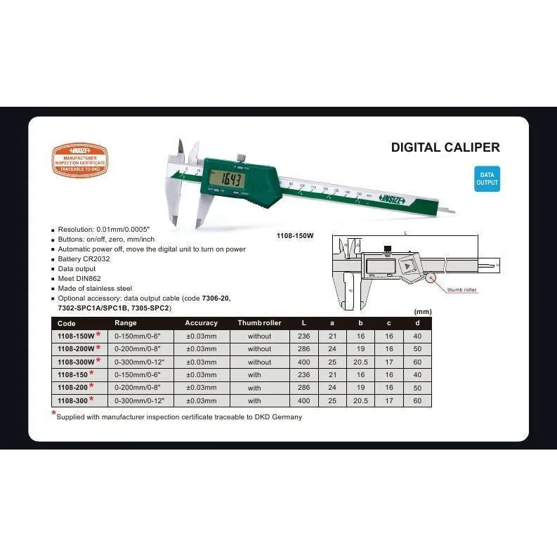 Insize Digital Caliper 0-150mm/0-6" Range Series 1108-150