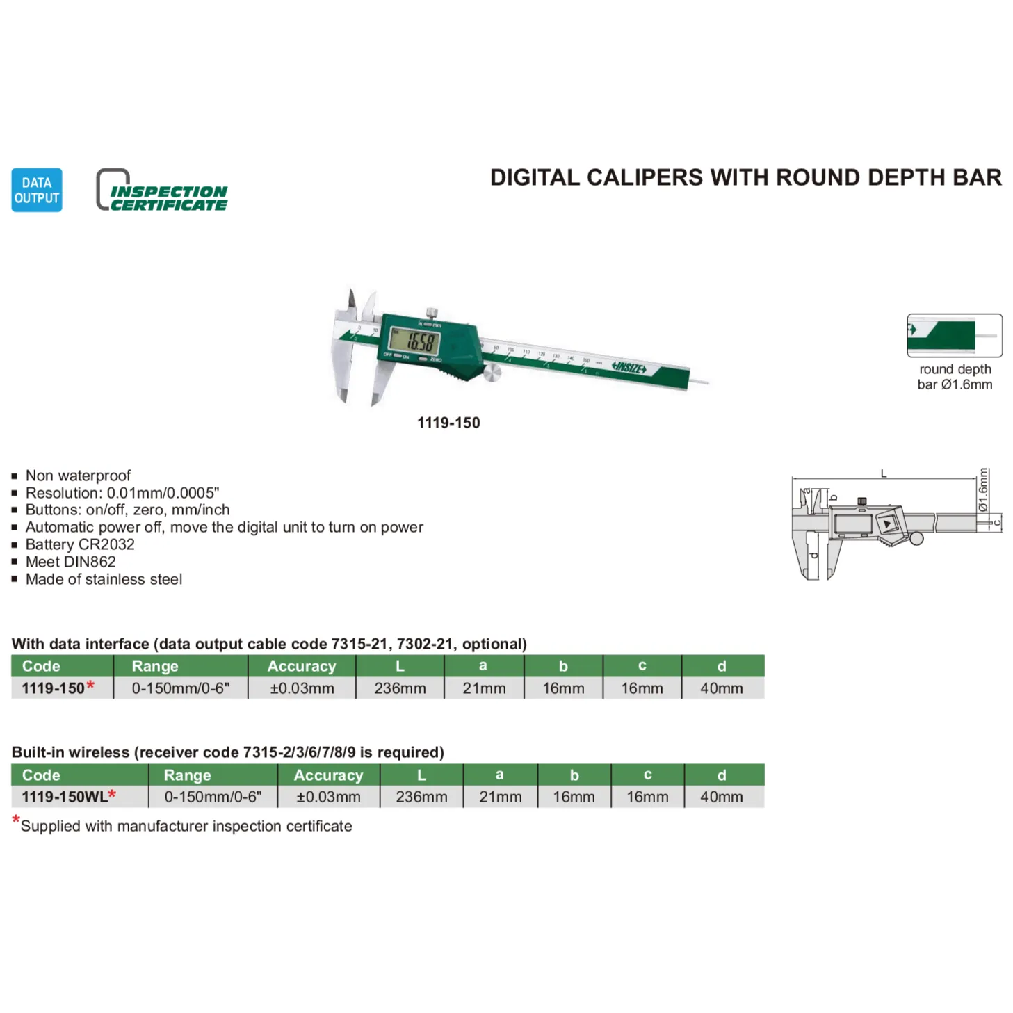 Insize Digital Caliper 0-150mm/0-6" Range Series 1119-150