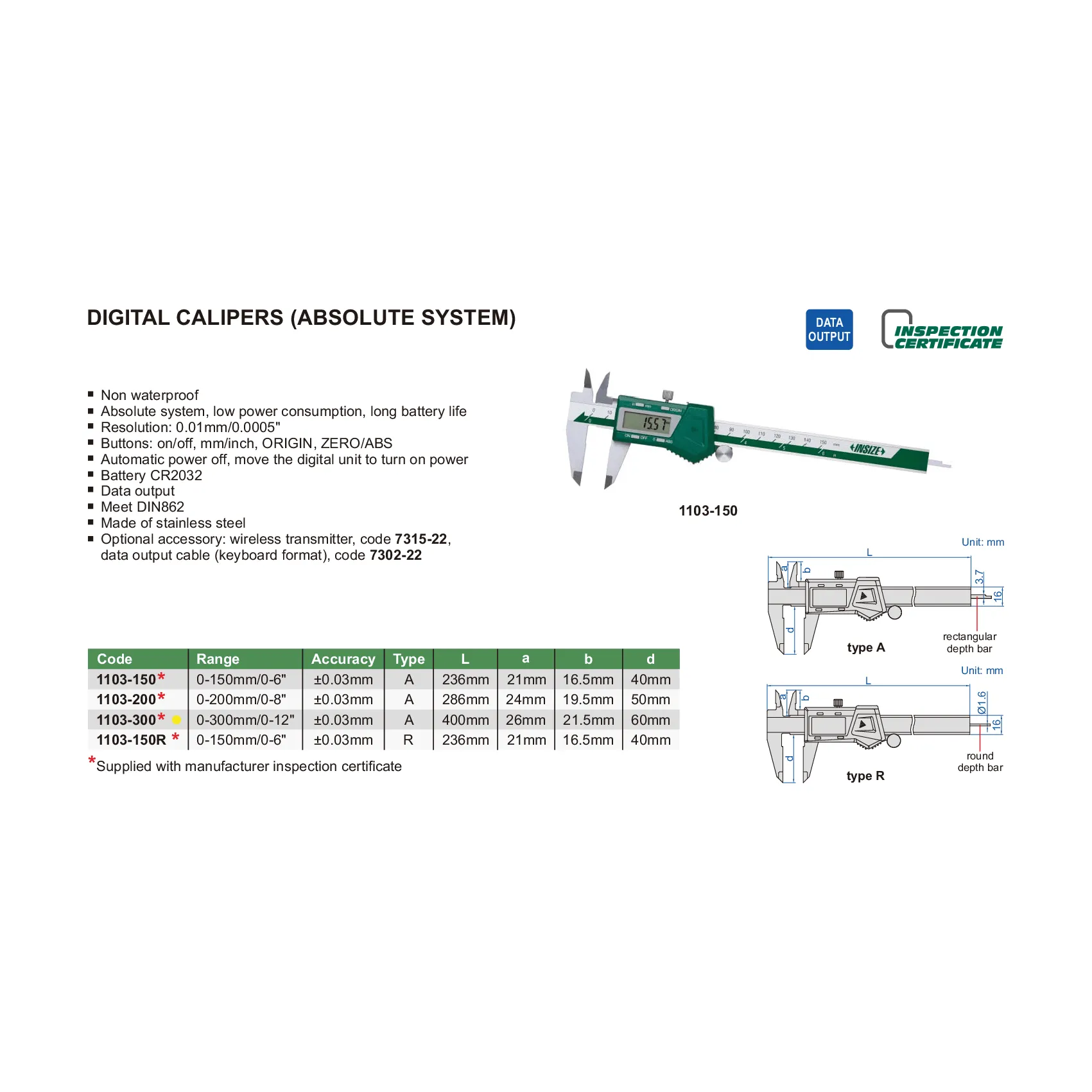 Insize Digital Caliper 0-300mm / 0-12" Range Series 1103-300